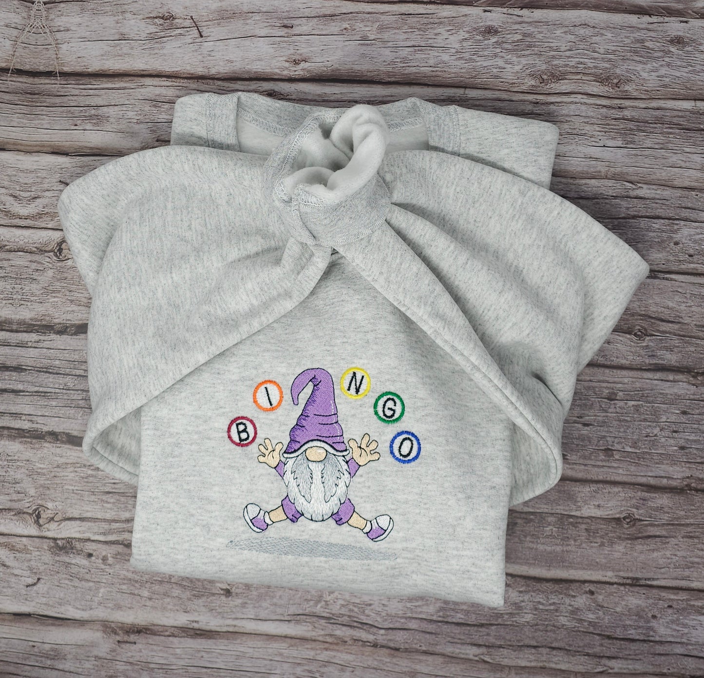 Whimsical Bingo Gnome Embroidered Sweatshirt | Cozy Gift for Bingo Lovers
