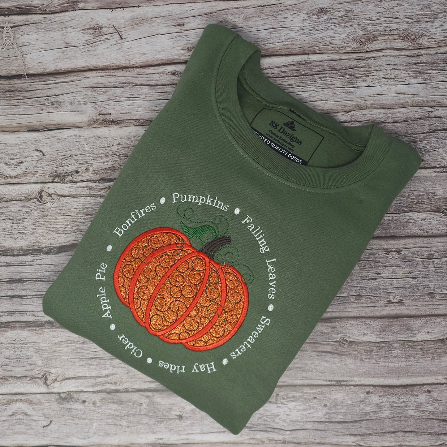 Cozy Fall Embroidered Sweatshirt | Pumpkin Applique with Glitter Accents | Women’s Autumn Pullover – Green & Ash