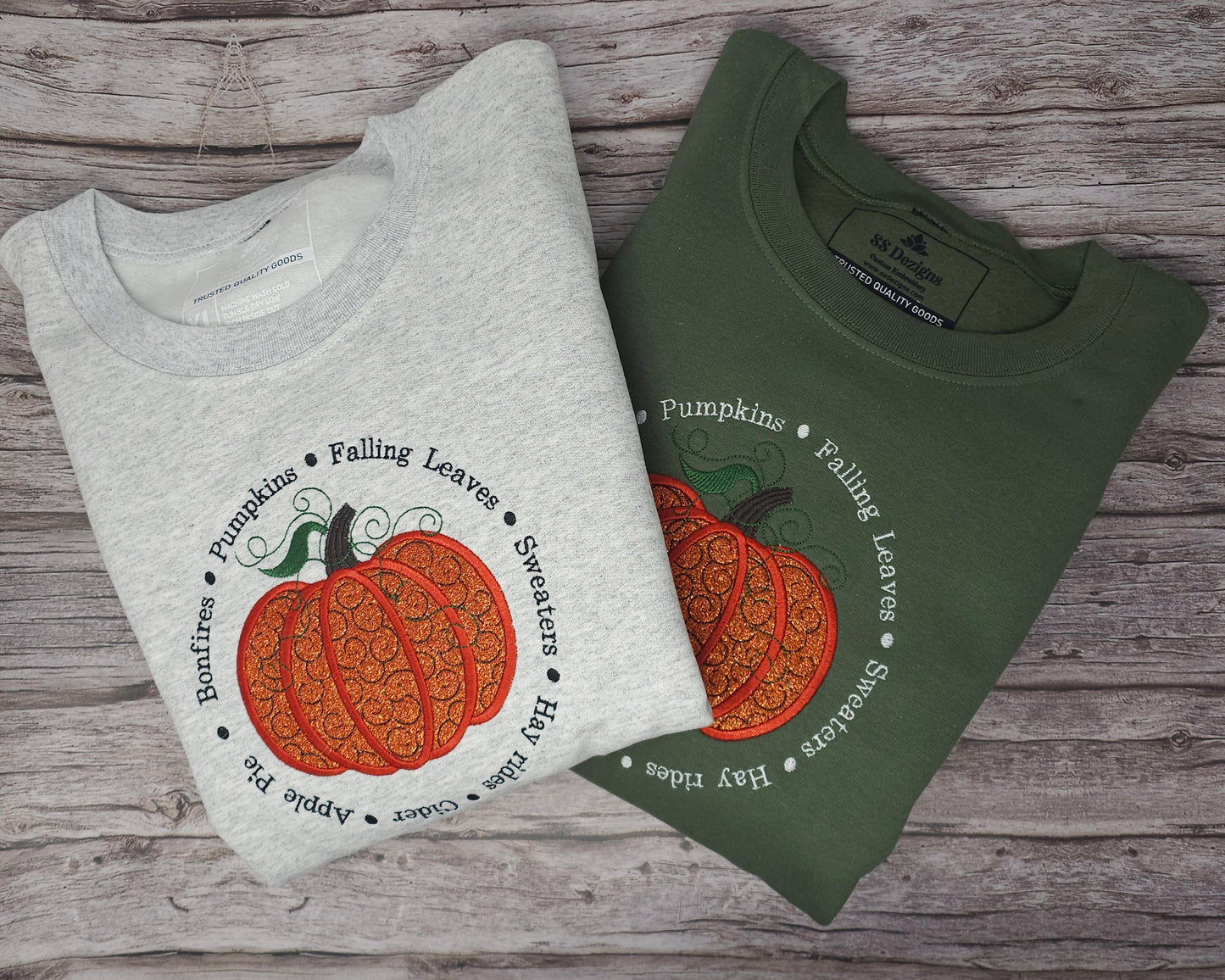 Cozy Fall Embroidered Sweatshirt | Pumpkin Applique with Glitter Accents | Women’s Autumn Pullover – Green & Ash