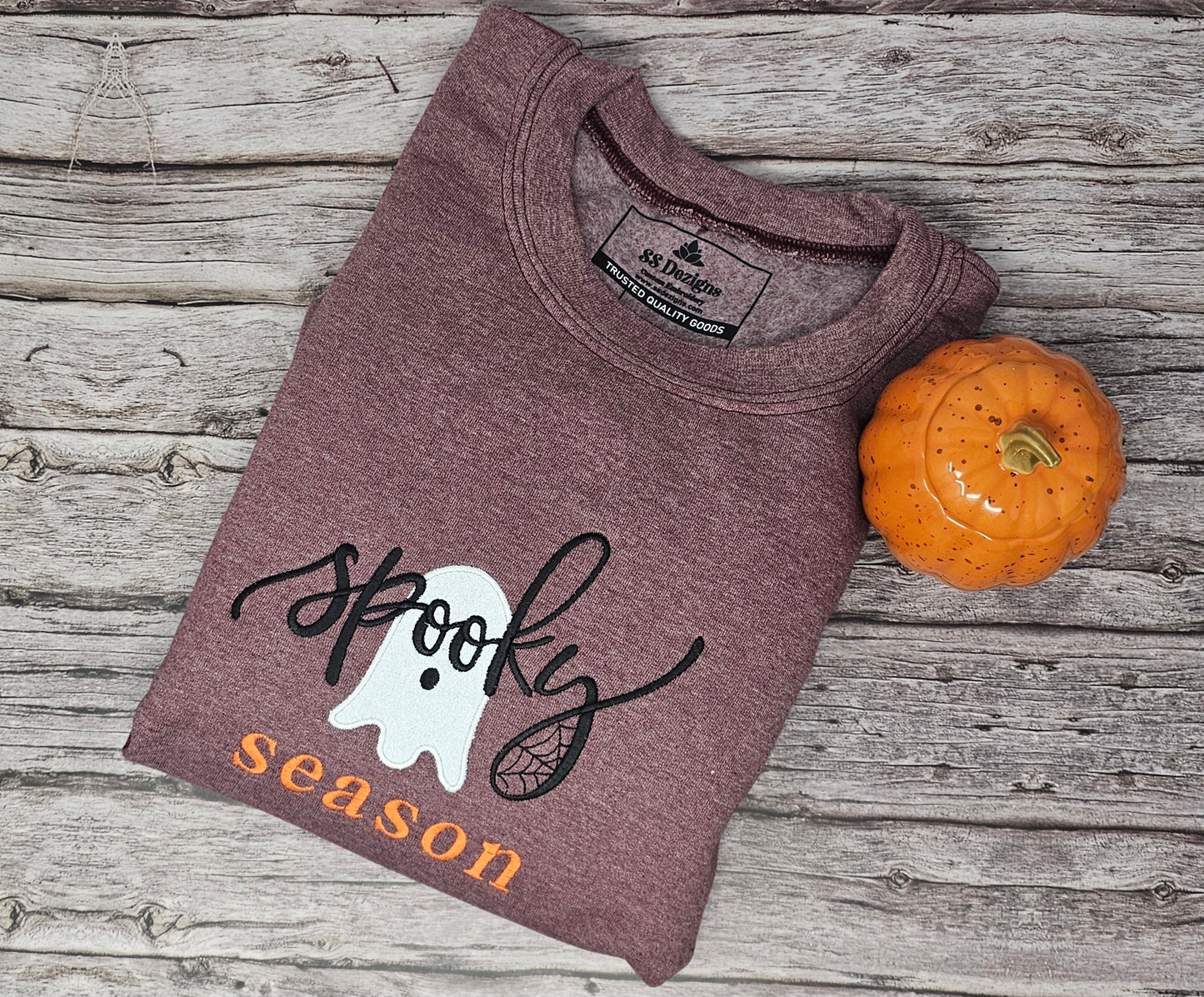 Spooky Season Embroidered Sweatshirt – Cozy Halloween Ghost Applique with Glitter Accents