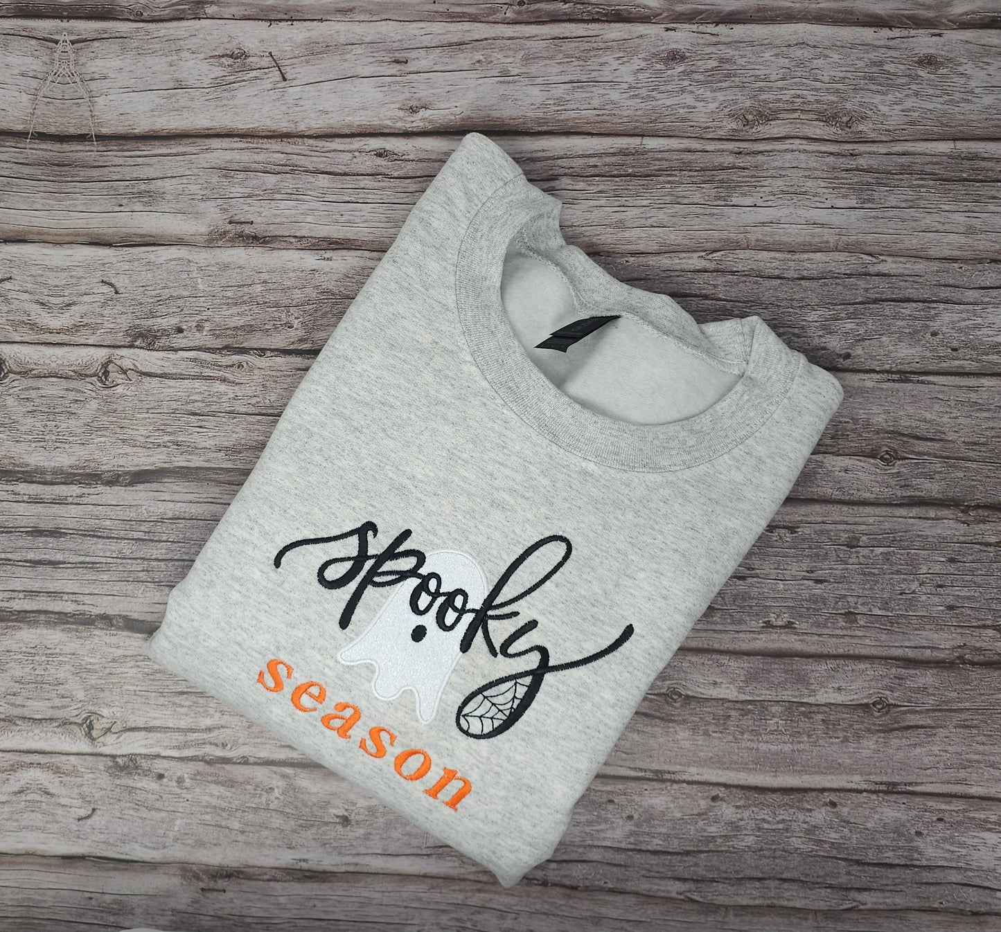 Spooky Season Embroidered Sweatshirt – Cozy Halloween Ghost Applique with Glitter Accents