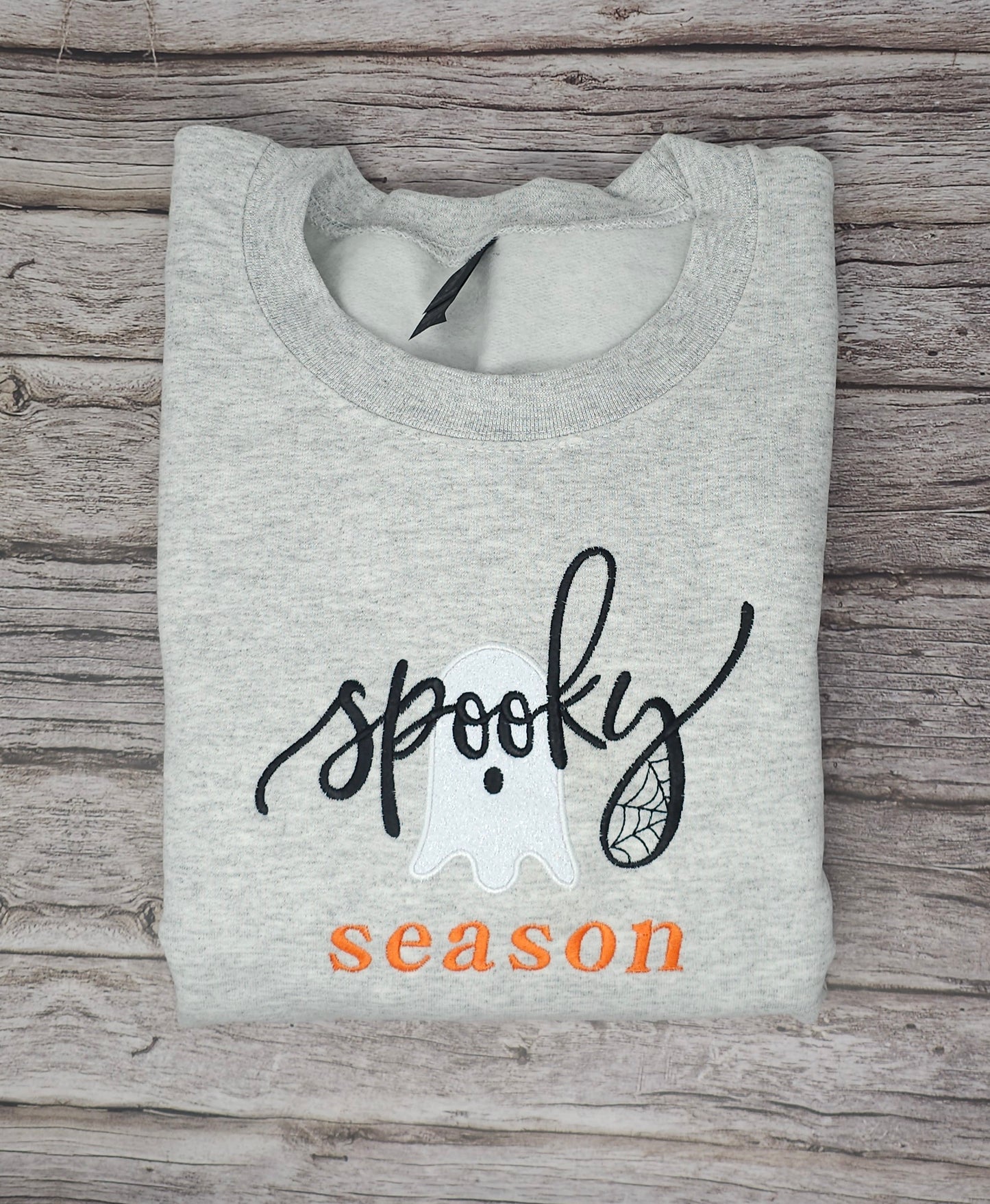 Spooky Season Embroidered Sweatshirt – Cozy Halloween Ghost Applique with Glitter Accents
