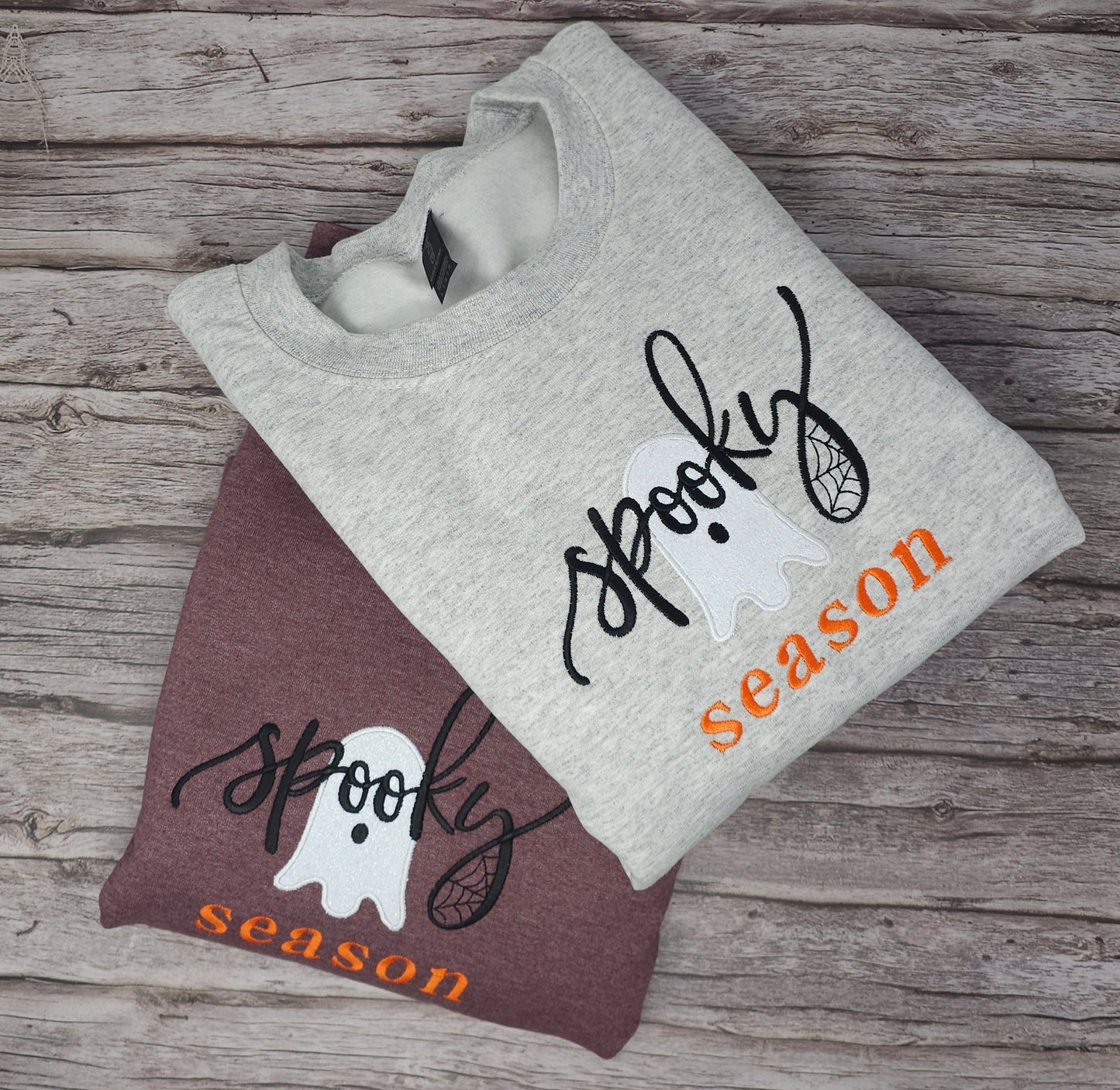 Spooky Season Embroidered Sweatshirt – Cozy Halloween Ghost Applique with Glitter Accents