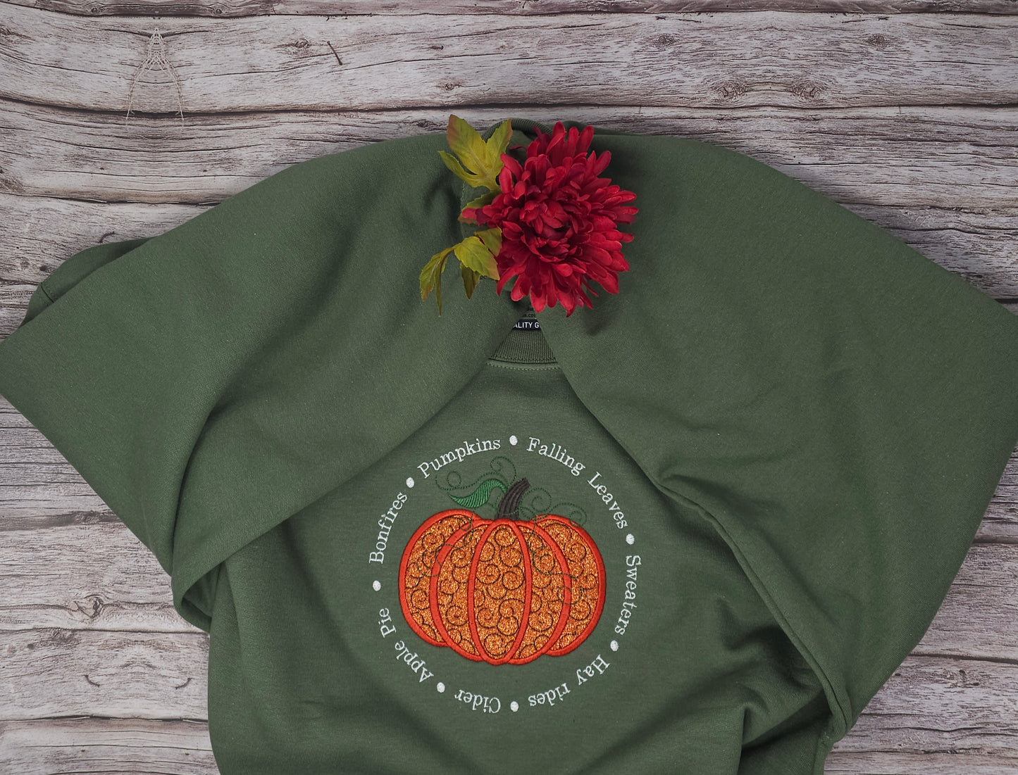 Cozy Fall Embroidered Sweatshirt | Pumpkin Applique with Glitter Accents | Women’s Autumn Pullover – Green & Ash