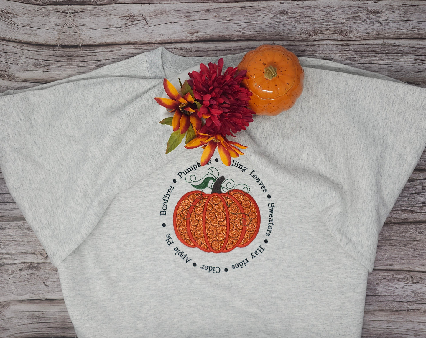 Cozy Fall Embroidered Sweatshirt | Pumpkin Applique with Glitter Accents | Women’s Autumn Pullover – Green & Ash