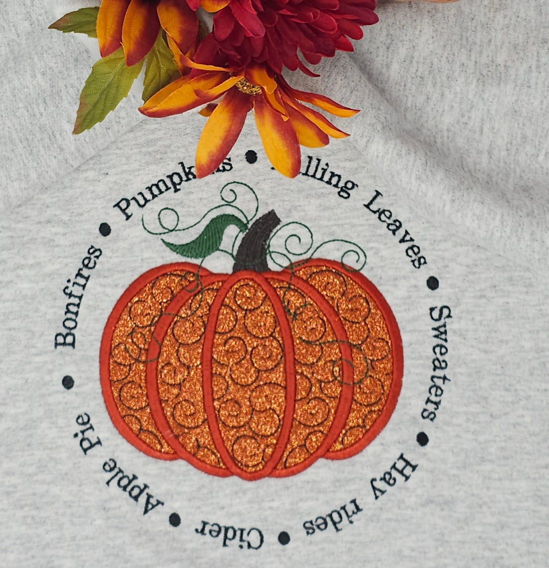 Cozy Fall Embroidered Sweatshirt | Pumpkin Applique with Glitter Accents | Women’s Autumn Pullover – Green & Ash