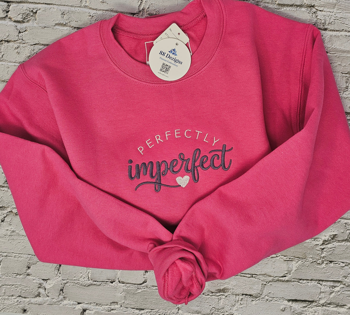 Perfectly Imperfect Embroidered Sweatshirt – Inspirational Women’s Crewneck | Cozy Raspberry Pink Sweatshirt
