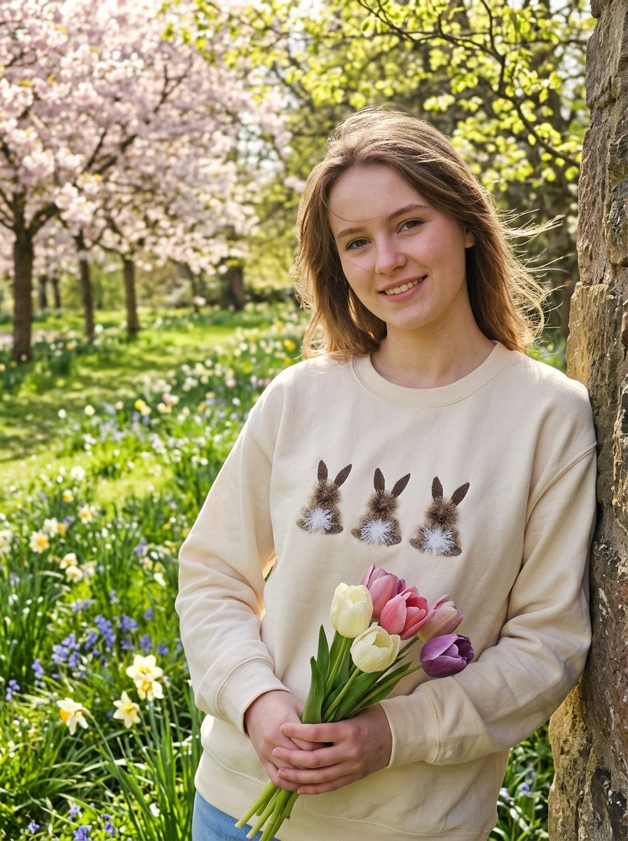 Fringed Bunny Embroidered Sweatshirt – Women’s Spring Bunny Crewneck | Cozy Neutral Easter Sweatshirt