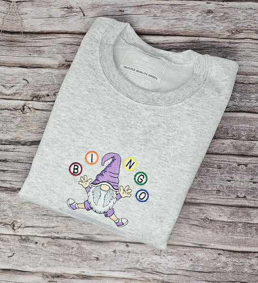 Whimsical Bingo Gnome Embroidered Sweatshirt | Cozy Gift for Bingo Lovers