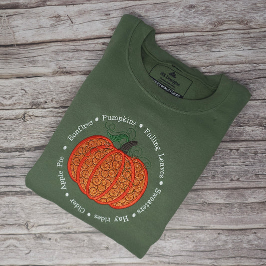 Cozy Fall Embroidered Sweatshirt | Pumpkin Applique with Glitter Accents | Women’s Autumn Pullover – Green & Ash