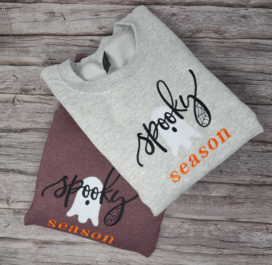 Spooky Season Embroidered Sweatshirt – Cozy Halloween Ghost Applique with Glitter Accents
