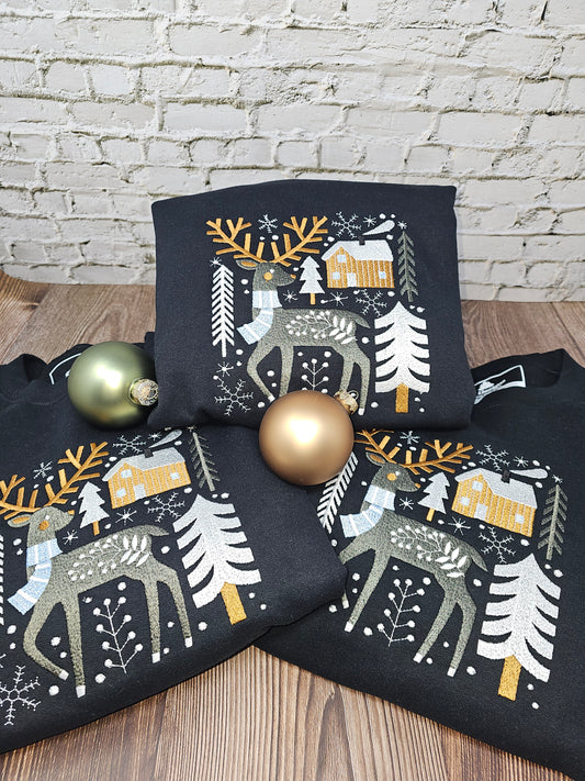 Cozy Winter Deer Embroidered Christmas Sweatshirt – Soft, Warm & Festive Holiday Crewneck