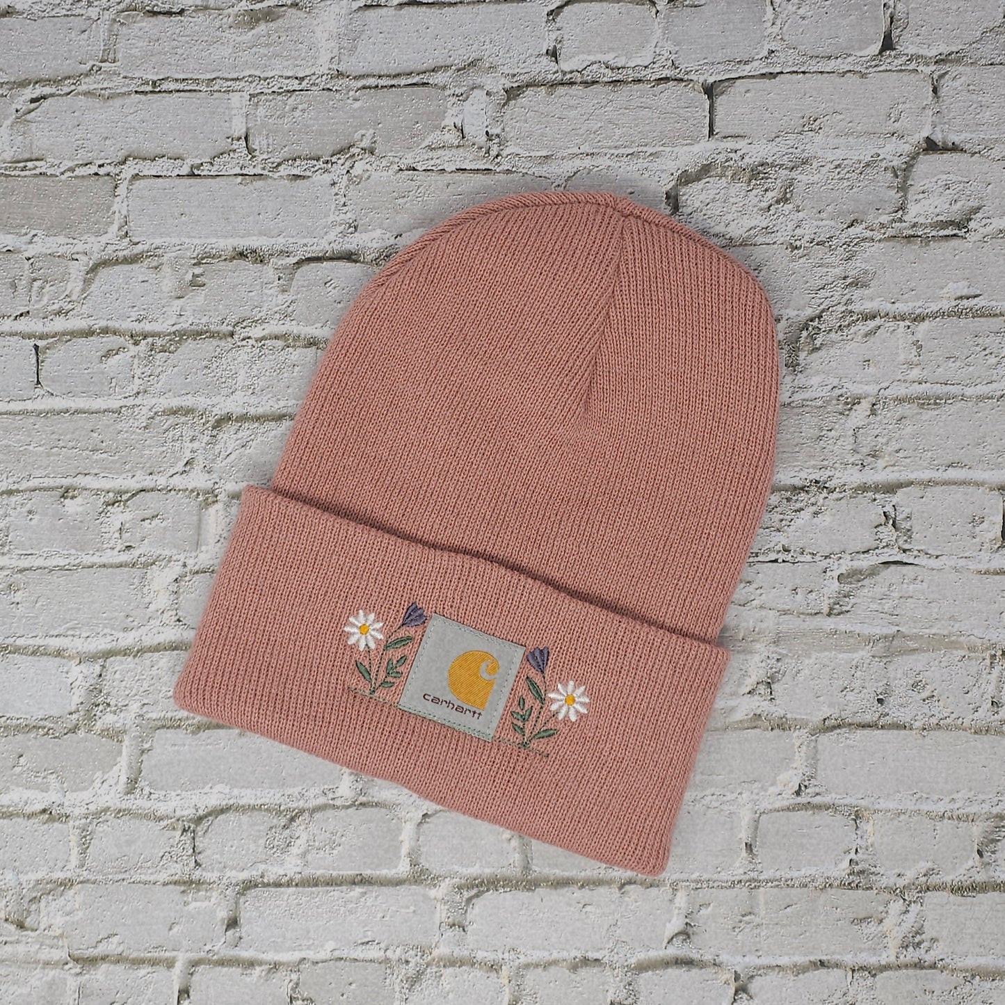 Floral Embroidered Blush Beanie – Soft Knit Winter Hat with Delicate Pastel Stitching