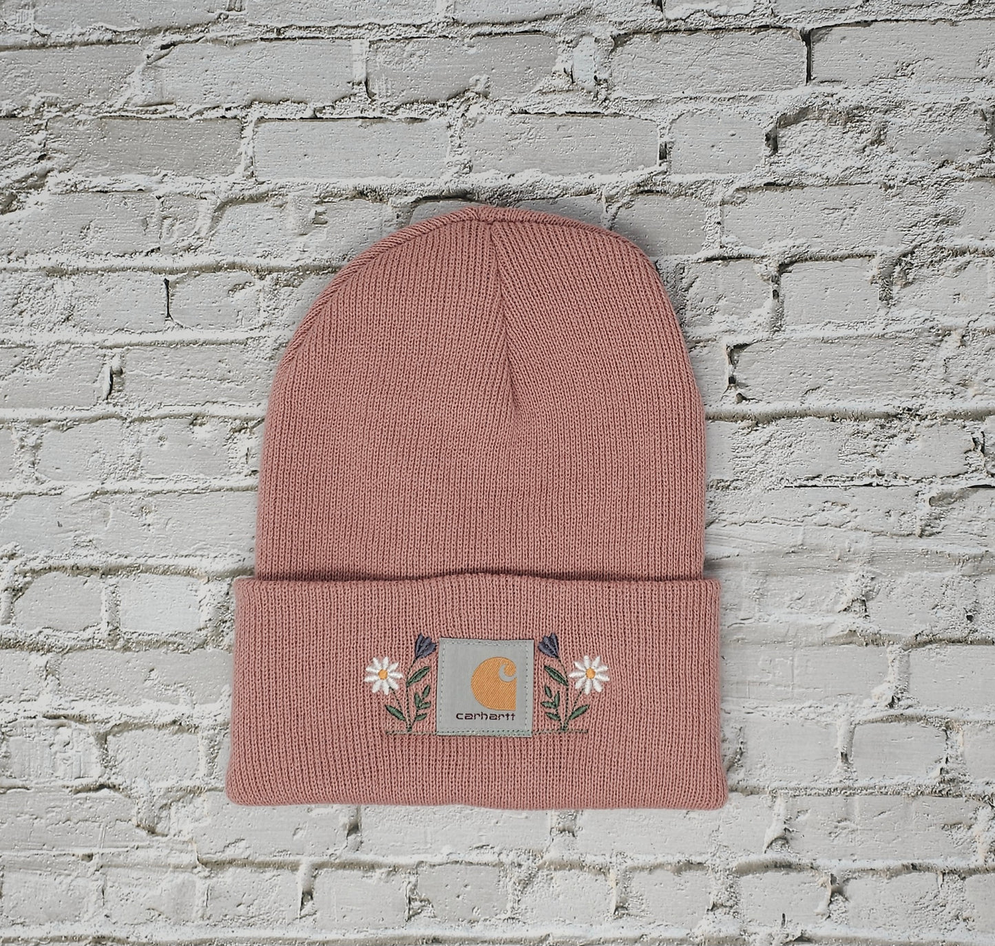 Floral Embroidered Blush Beanie – Soft Knit Winter Hat with Delicate Pastel Stitching