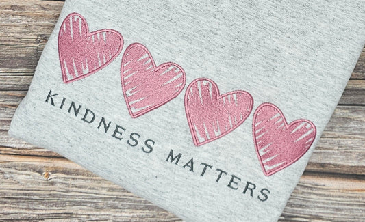 Kindness Matters Embroidered Sweatshirt – Ash Grey Crewneck with Mauve Hearts | Cozy Women’s Sweatshirt