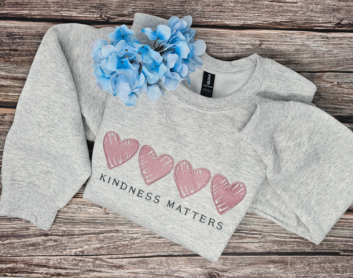 Kindness Matters Embroidered Sweatshirt – Ash Grey Crewneck with Mauve Hearts | Cozy Women’s Sweatshirt