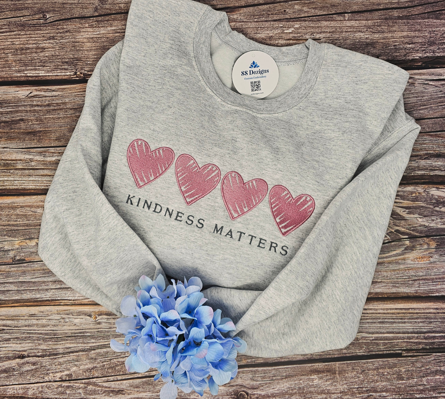 Kindness Matters Embroidered Sweatshirt – Ash Grey Crewneck with Mauve Hearts | Cozy Women’s Sweatshirt