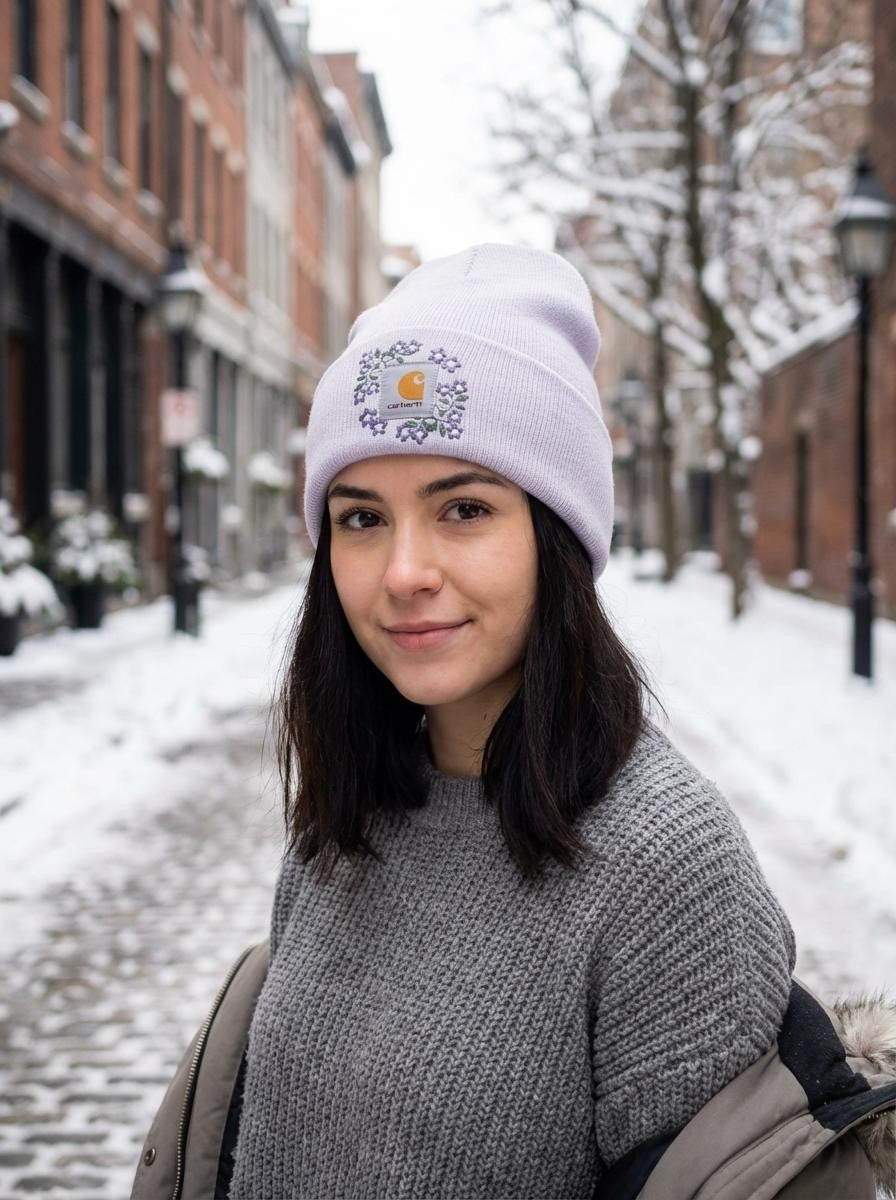Women’s Floral Embroidered Knit Beanie – Soft, Warm Winter Hat with flowers and Pastel Stitching