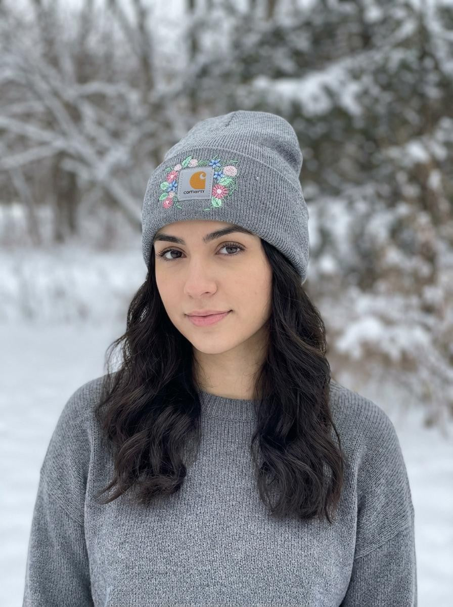 Women’s Floral Embroidered Knit Beanie – Soft, Warm Winter Hat with Pastel Stitching