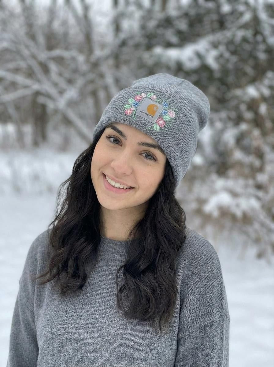 Women’s Floral Embroidered Knit Beanie – Soft, Warm Winter Hat with Pastel Stitching