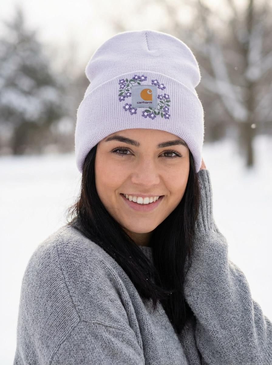 Women’s Floral Embroidered Knit Beanie – Soft, Warm Winter Hat with flowers and Pastel Stitching