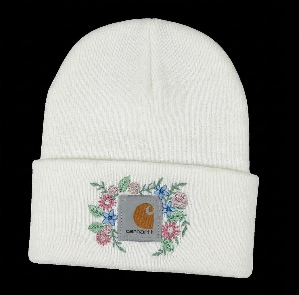 Women’s Floral Embroidered Knit Beanie – Soft, Warm Winter Hat with Pastel Stitching