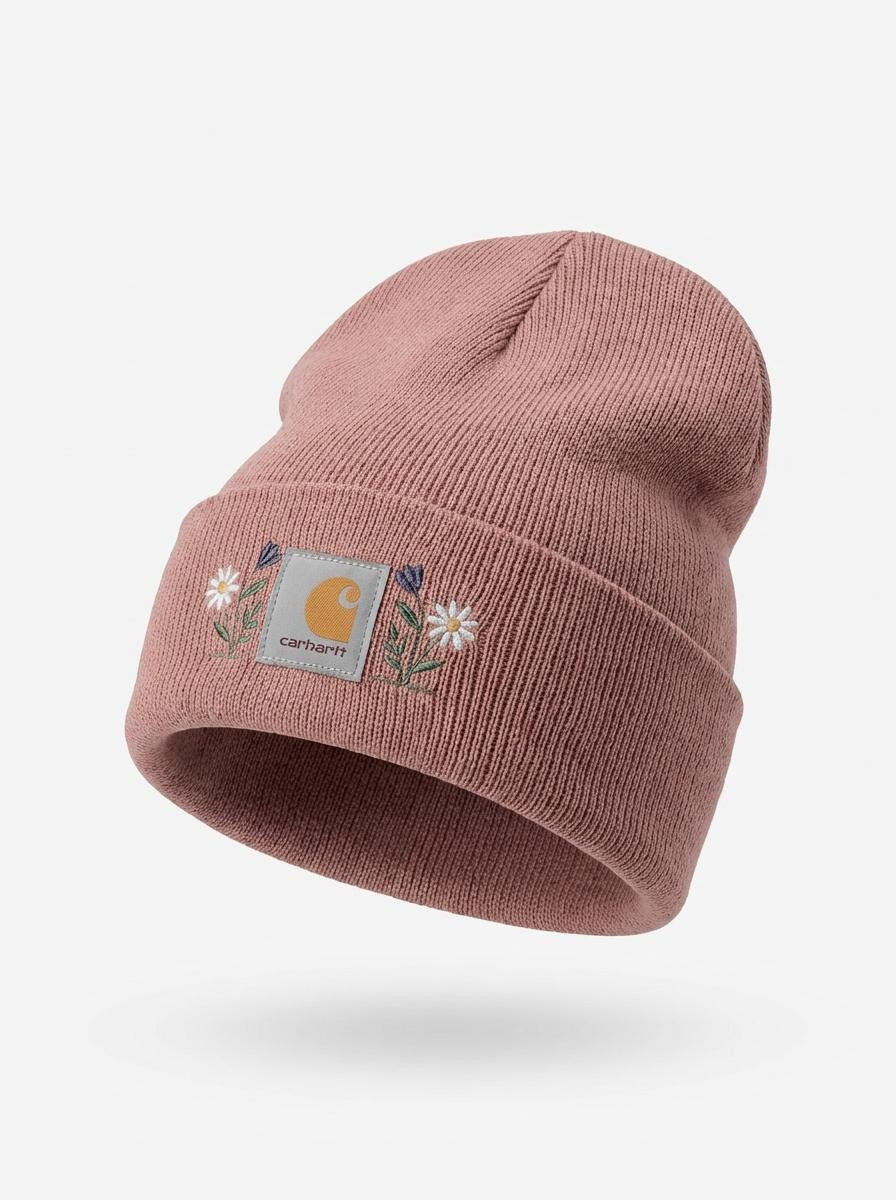 Floral Embroidered Blush Beanie – Soft Knit Winter Hat with Delicate Pastel Stitching