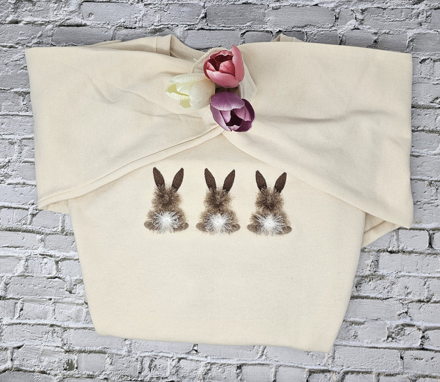 Fringed Bunny Embroidered Sweatshirt – Women’s Spring Bunny Crewneck | Cozy Neutral Easter Sweatshirt