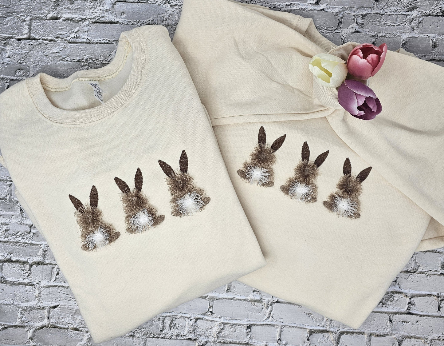 Fringed Bunny Embroidered Sweatshirt – Women’s Spring Bunny Crewneck | Cozy Neutral Easter Sweatshirt