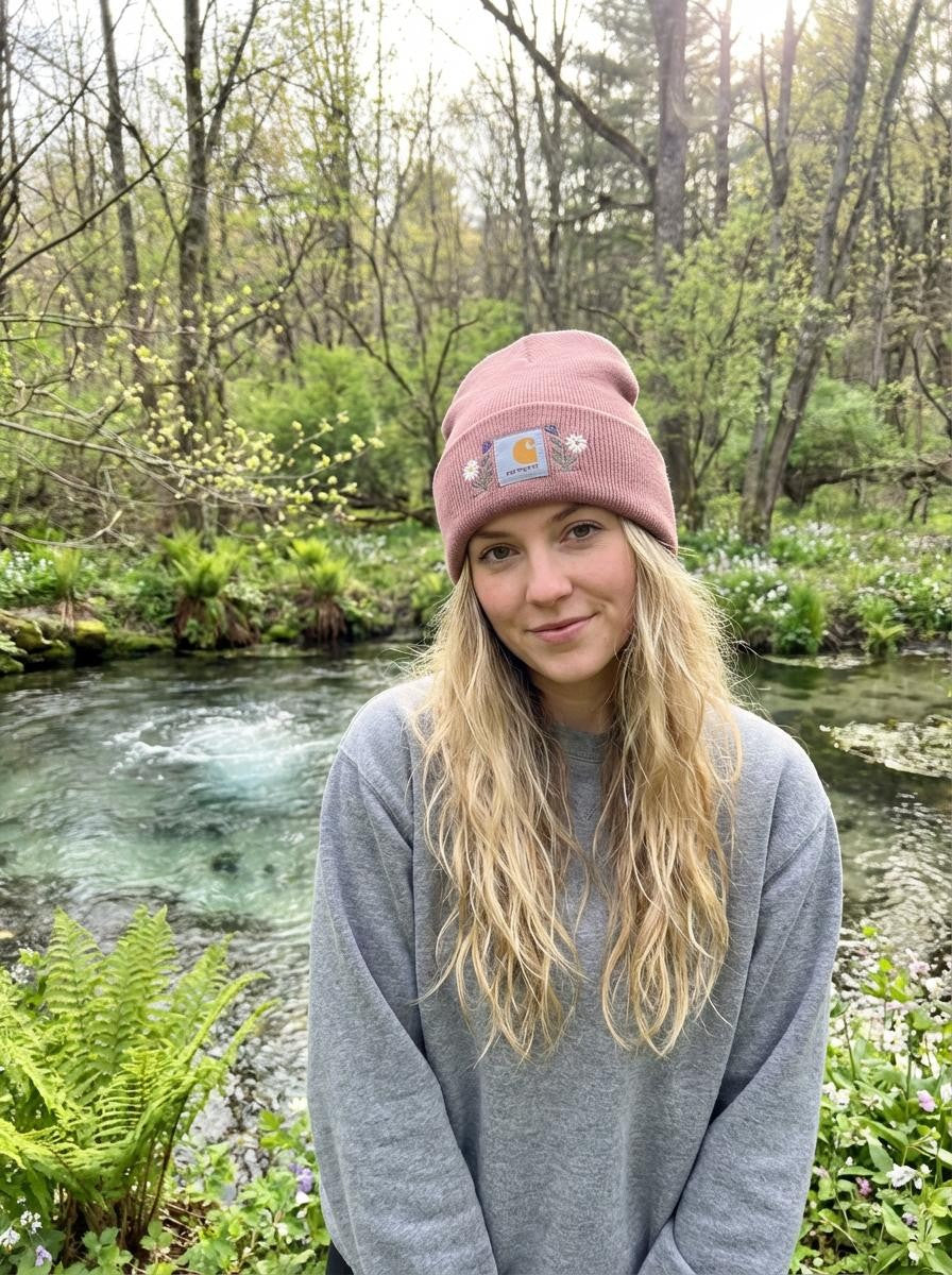 Floral Embroidered Blush Beanie – Soft Knit Winter Hat with Delicate Pastel Stitching