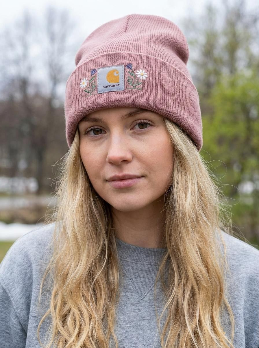 Floral Embroidered Blush Beanie – Soft Knit Winter Hat with Delicate Pastel Stitching
