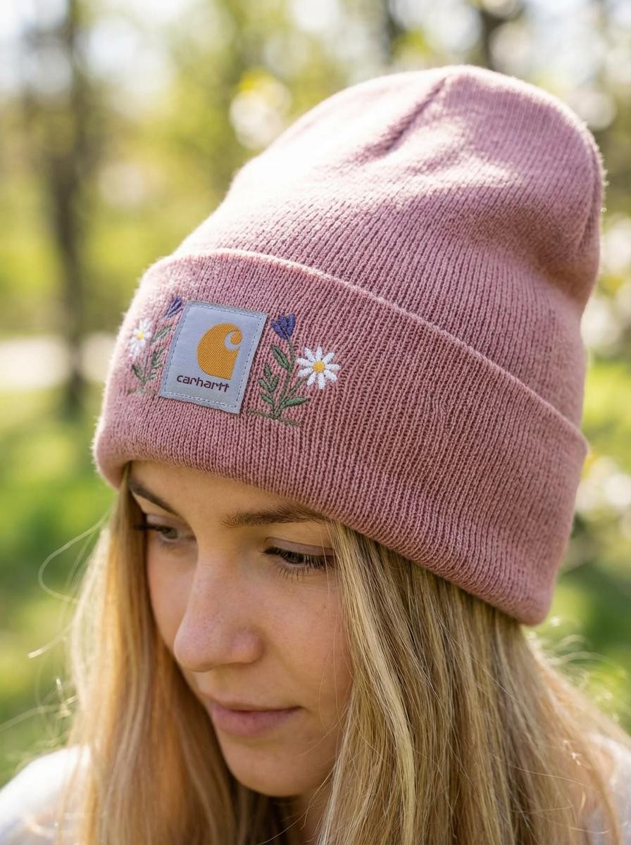 Floral Embroidered Blush Beanie – Soft Knit Winter Hat with Delicate Pastel Stitching