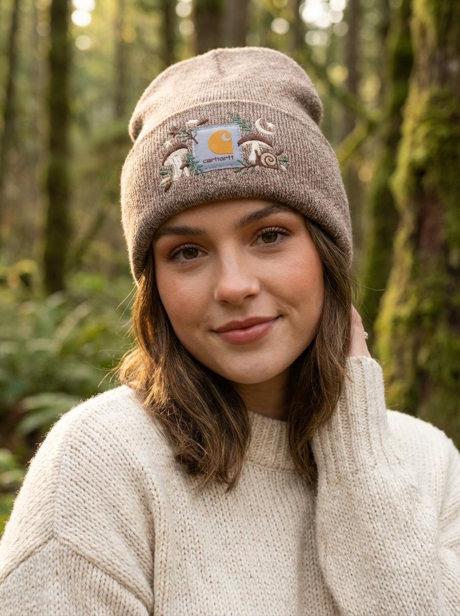 Mushroom Embroidered Beanie for Women – Cozy Custom Knit Winter Hat