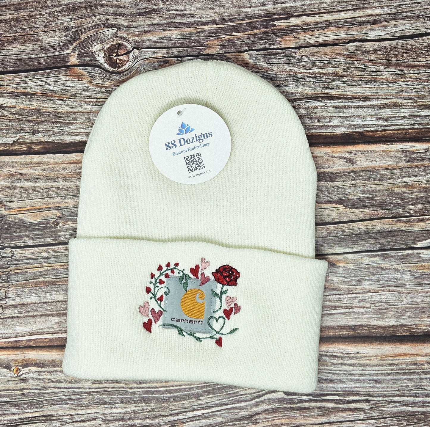 Embroidered Rose & Heart Beanie for Women – Soft Ribbed Knit, Cozy Winter Hat