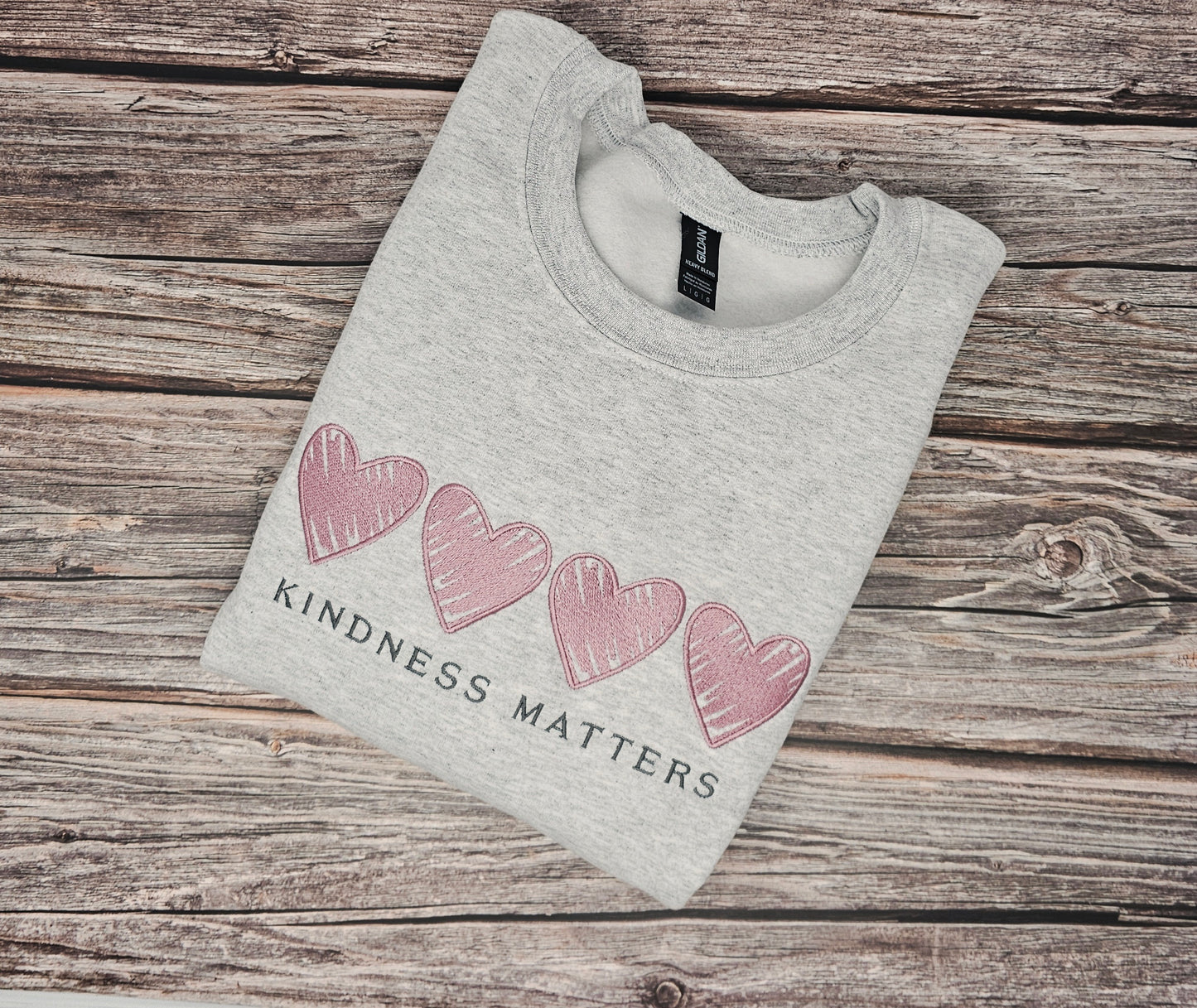 Kindness Matters Embroidered Sweatshirt – Ash Grey Crewneck with Mauve Hearts | Cozy Women’s Sweatshirt