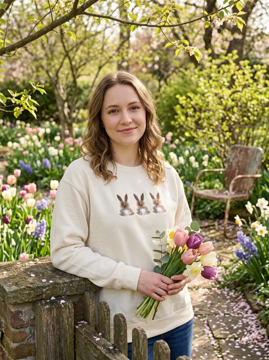 Fringed Bunny Embroidered Sweatshirt – Women’s Spring Bunny Crewneck | Cozy Neutral Easter Sweatshirt