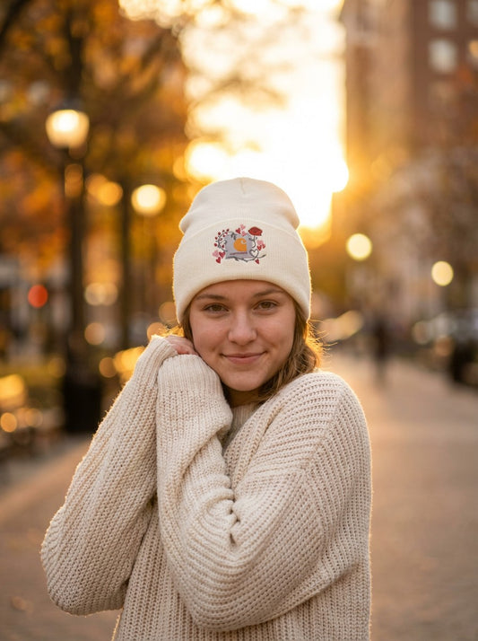 Embroidered Rose & Heart Beanie for Women – Soft Ribbed Knit, Cozy Winter Hat