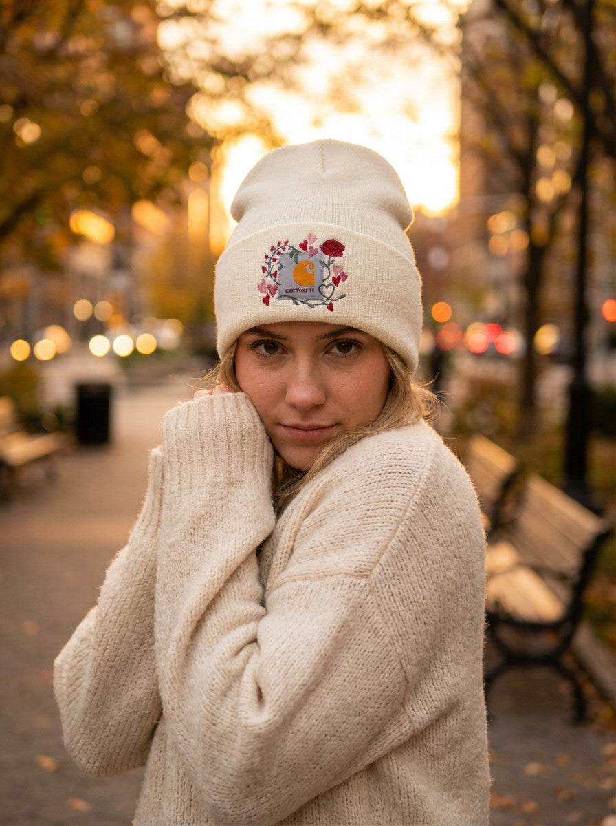 Embroidered Rose & Heart Beanie for Women – Soft Ribbed Knit, Cozy Winter Hat