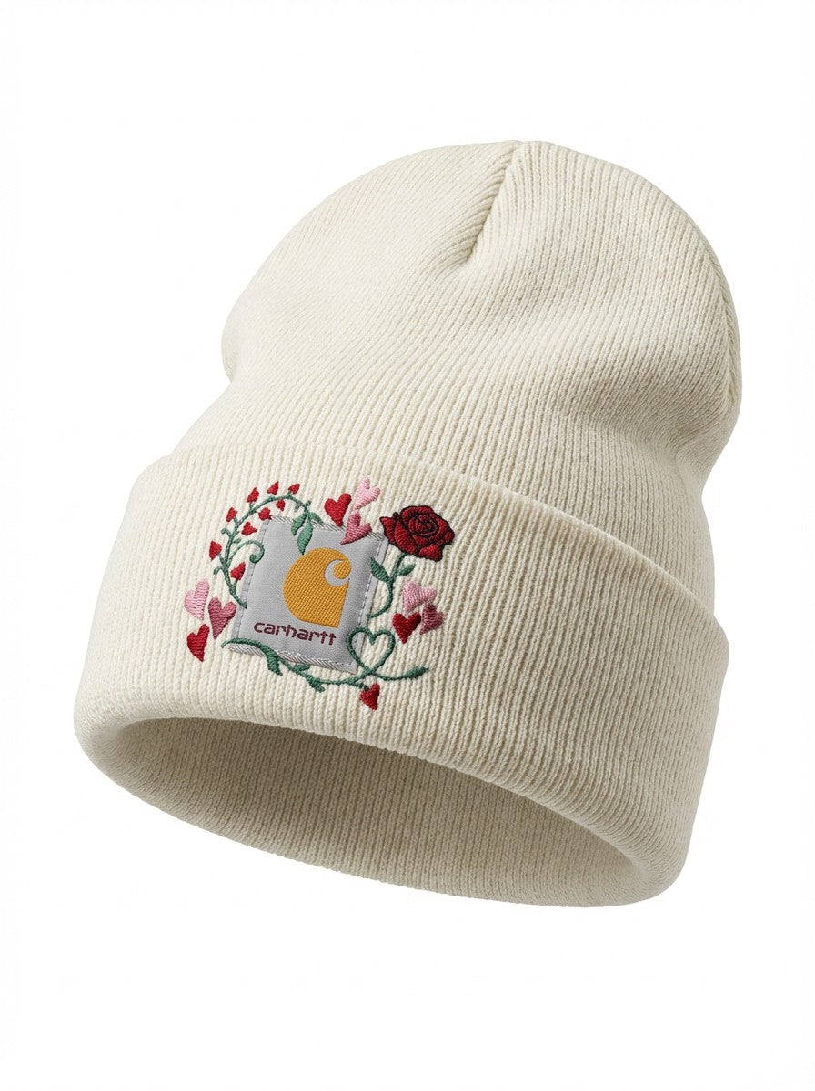Embroidered Rose & Heart Beanie for Women – Soft Ribbed Knit, Cozy Winter Hat
