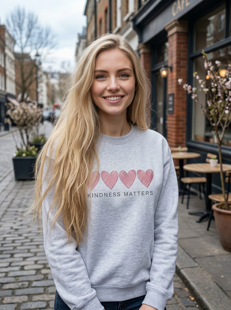 Kindness Matters Embroidered Sweatshirt – Ash Grey Crewneck with Mauve Hearts | Cozy Women’s Sweatshirt
