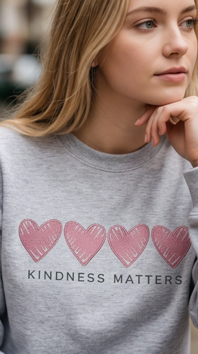 Kindness Matters Embroidered Sweatshirt – Ash Grey Crewneck with Mauve Hearts | Cozy Women’s Sweatshirt